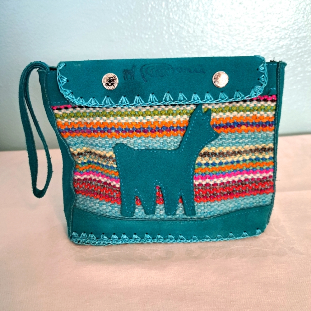 Blue suede Peru llama purse woven stitched 7 x 6 inch